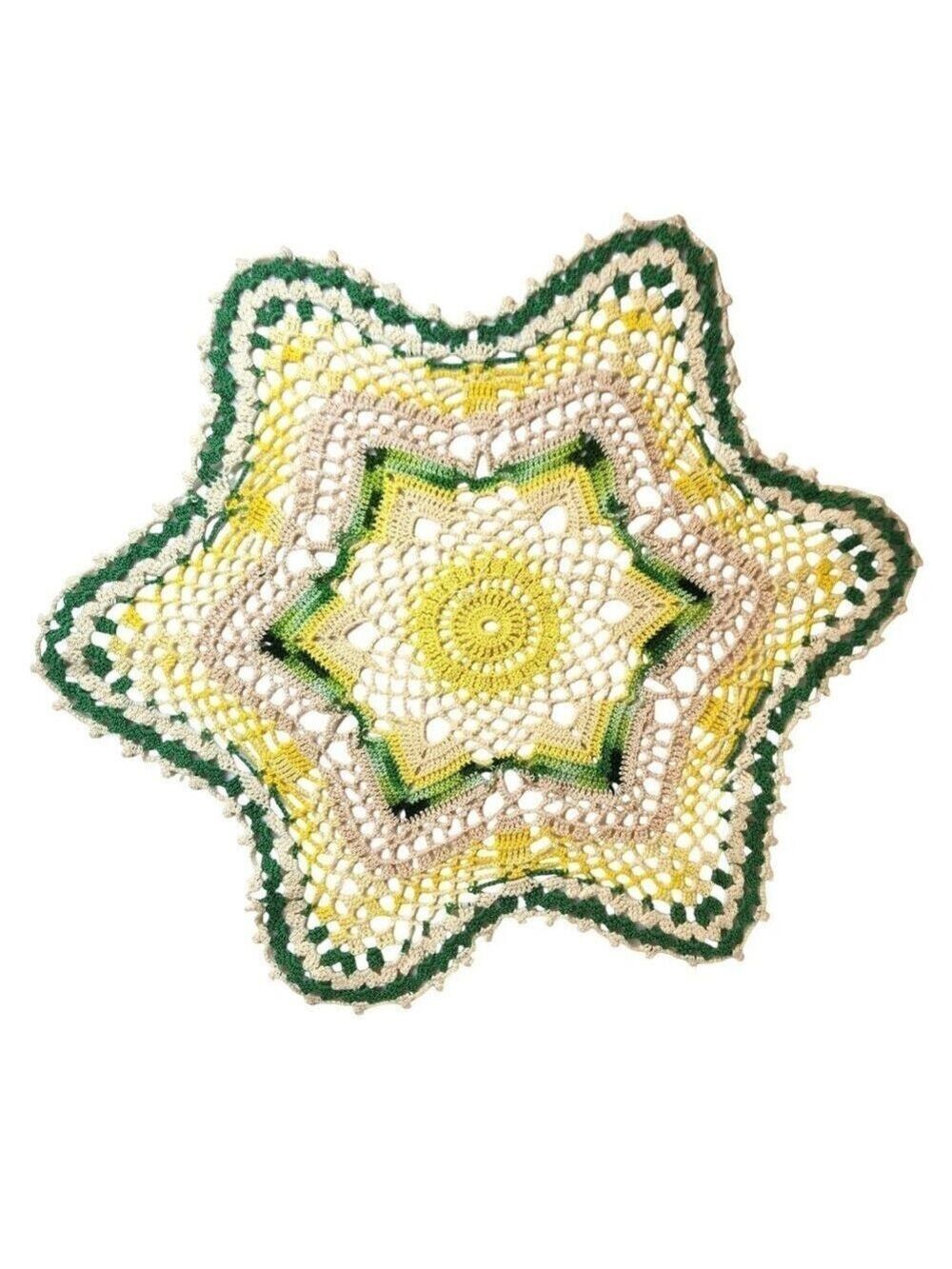 Handmade Vintage Star-Shaped Crochet Doily 19" Multicolor Green White Yellow Tab